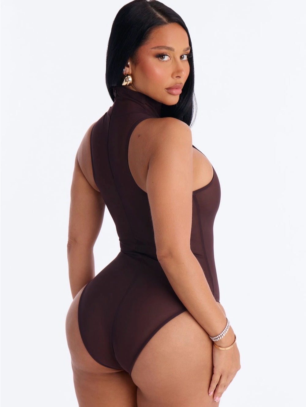 Fashion Nova Sleeveless High-Neck Sheer Bodysuit - Brown - Picture 4 of 7